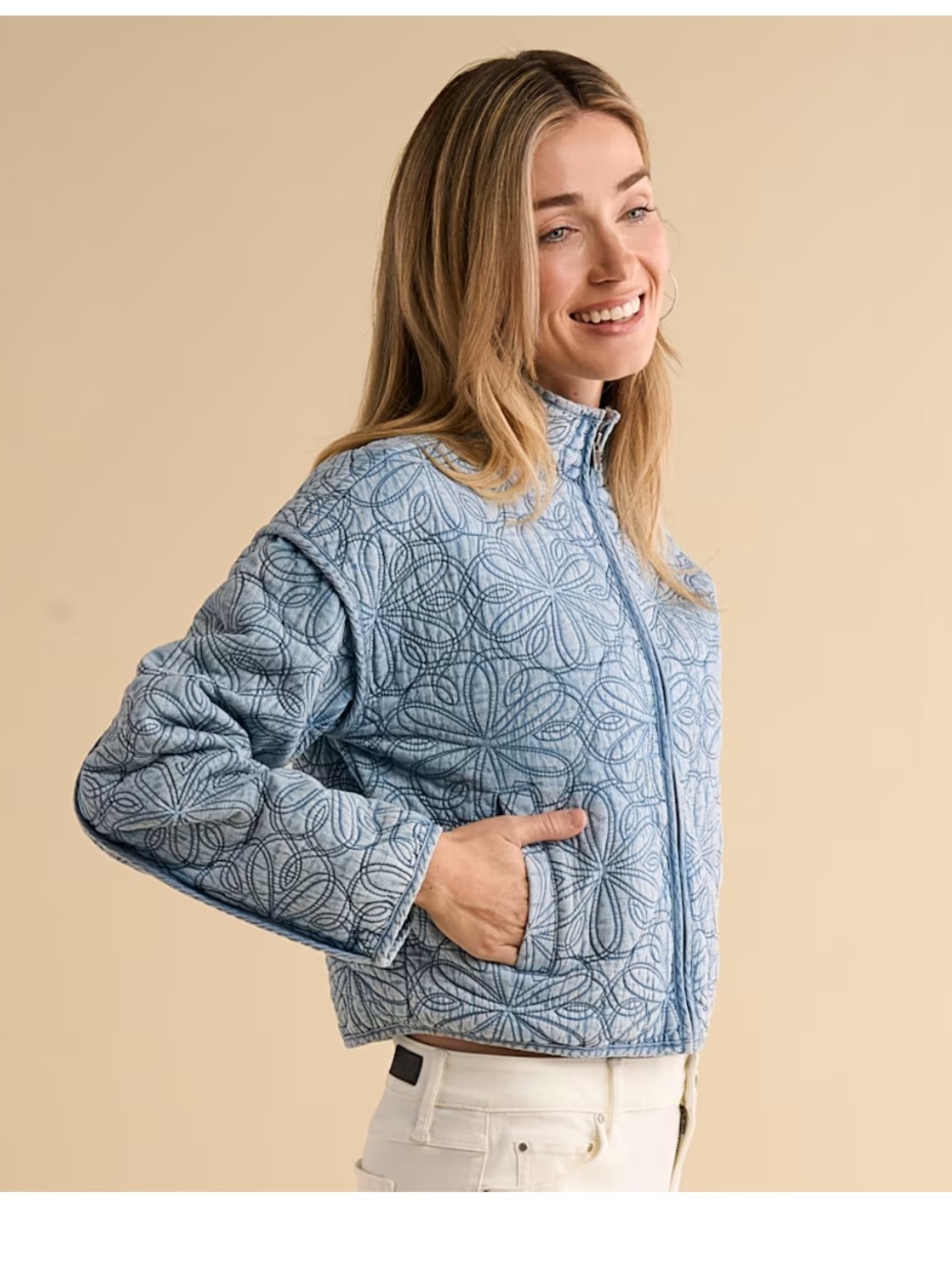 Cotton Quilted Light Wash Embroidered Natural Reflections Jacket